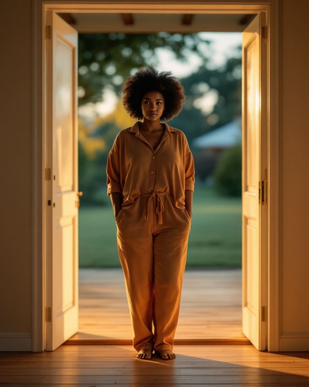 A woman stands barefoot in an open doorway at golden hour, looking out toward the light